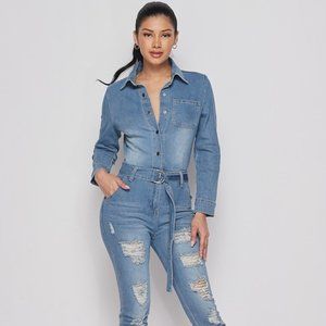 Long Sleeve Denim Jumpsuit